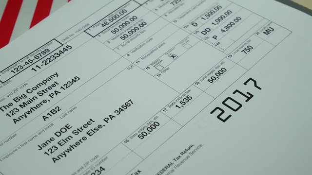W-2 tax form Copy B 2017 for woman person Jane Doe turns with american usa flag. Wage and tax statement