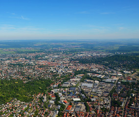 Closer Aerial view of Stuttgart area, south germany on a sunny summer day