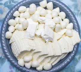 in a gray disposable plate of white mozzarella cheese