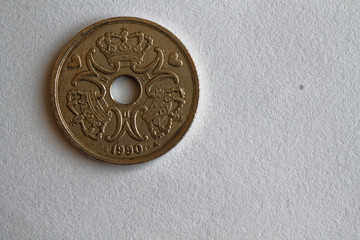 One Denmark coin denomination is five krone (crown) lie on isolated white background - back side - 186750835