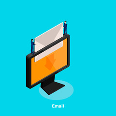 people in business suits put a letter in the computer monitor, an isometric image