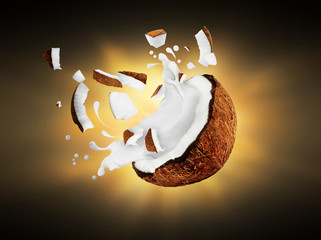 Broken coconut with milk splash in the dark - obrazy, fototapety, plakaty