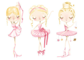 Beautiful cute ballerina girl set, collection. Hand drawn watercolor ballerina, adorable ballet girl in pink dress and flowers