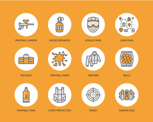 Paintball game line icons. Outdoor sport equipment, paint ball marker, uniform, mask, chest protection. Extreme leisure thin linear signs.