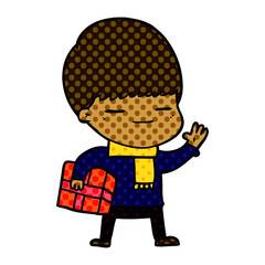 cartoon smug boy carrying present