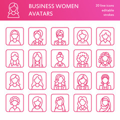 Fototapeta premium People line icons, business woman avatars. Outline symbols of female professions, secretary, manager, teacher, student. Young girls thin linear signs.
