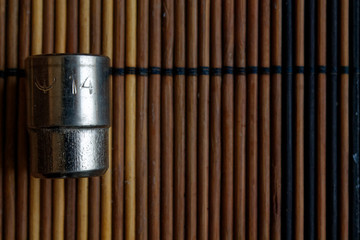 Torx Socket for spanner on wooden background, wrench sockets size is 14