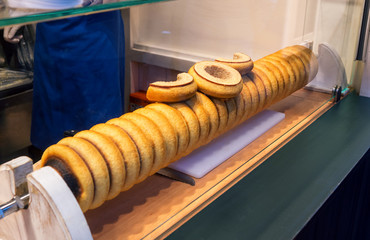 Baumkuchen or Tree Cake, a German spit cake behind glass at a shop 
