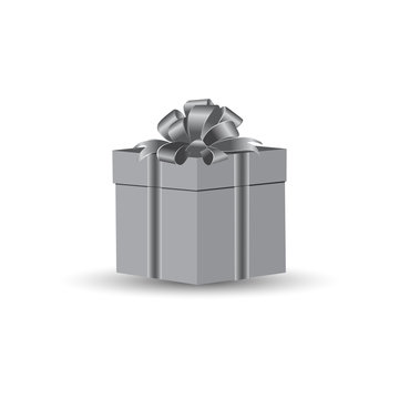 Box with a gift, tied with a holiday bow on a white background. Vector drawing is executed in gray color.
