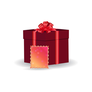 Red box with a gift tied with ribbon with a bow. Colorful greeting card. Vector drawing on white background.