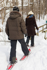Ethnic couple snowshoeing in the forest near a waterfall