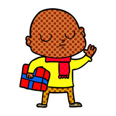 cartoon bald man with xmas gift