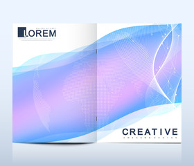 Modern vector template for brochure Leaflet, flyer advert cover catalog magazine or annual report. Business, science design. Scientific cybernetic dotted world map. Lines plexus. Card surface.