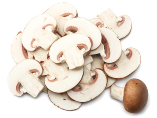 Fototapeta na wymiar Fresh champignon mushrooms isolated on white background. top view