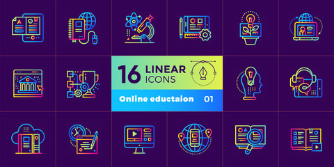Linear icon set of Online education and e-learning. Material design icon suitable for print, website and presentation