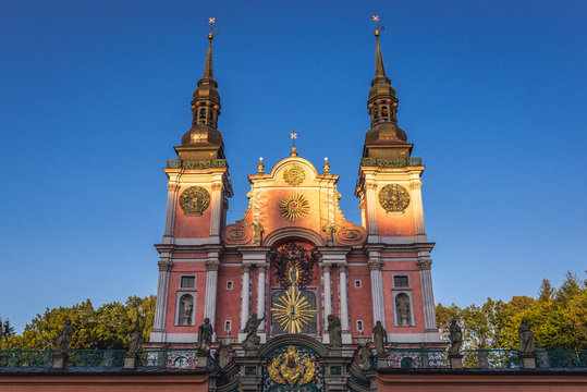 Front facade of Visitation of Blessed Virgin Mary Basilica in Swieta Lipka village, Poland