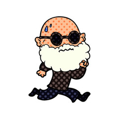 cartoon running man with beard and sunglasses sweating