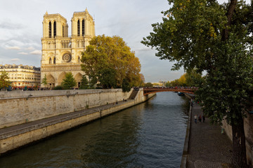 Fototapeta na wymiar Notre Dame de Paris viewed from Double bridge in Paris, France, October 29, 2017