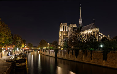 Fototapeta na wymiar Paris - France, November 1, 2017: Notre dame de Paris viewed from River Seine by night