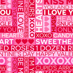 Seamless Valentine's Day typography pattern of romantic words, hearts and phrases. Vector illustration.