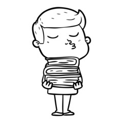 cartoon model guy pouting holding books