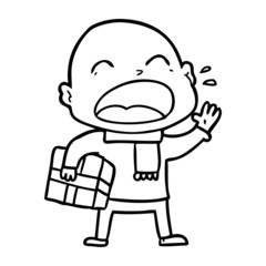 cartoon shouting bald man with present