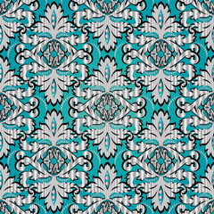Vintage damask seamless pattern. Light blue floral background. Baroque wallpaper. White 3d antique flowers. Scroll leaves. Old ornaments in Baroque Victorian style. Vector surface texture with shadows