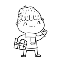 cartoon friendly boy with christmas present