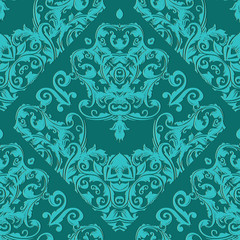Damask seamless pattern. Light turquoise floral ornate background. antique blue wallpaper. Scroll leaves, flowers and vintage Baroque ornaments. Vector surface ornamental texture. Baroque pattern.