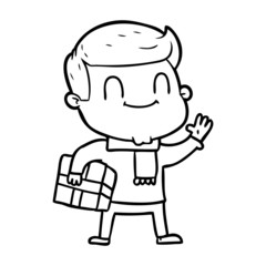 cartoon friendly man with xmas gift