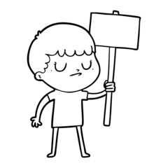 cartoon grumpy boy with placard