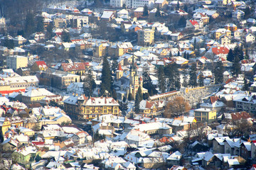 View of the winter city of Brasov, Romania from the neighboring mountain