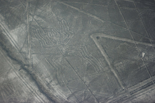Spider figure at Nazca lines seen from the plane, Nazca lines, Peru