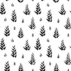 Abstract seamless hand drawn pattern. Modern grunge texture with botanical motif. Monochrome brush painted background.