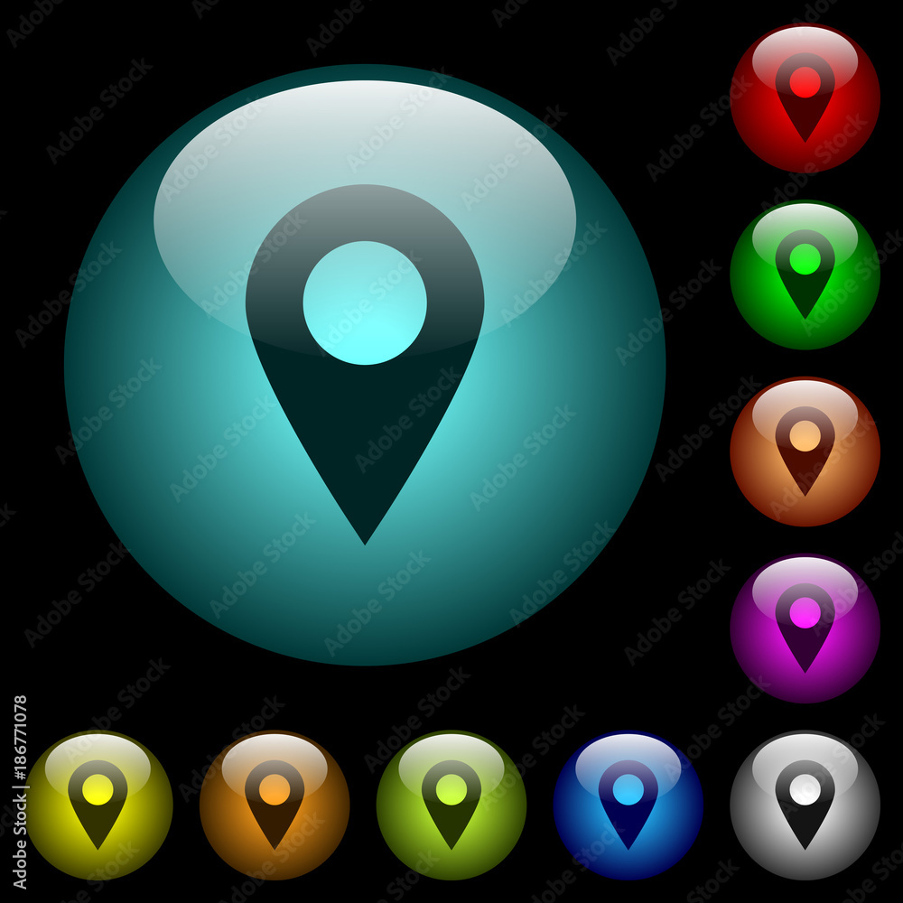 Sticker Blank GPS map location icons in color illuminated glass buttons