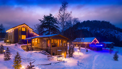 Village village. Three houses. Snow-covered houses. The village is under the snow.