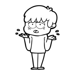 cartoon exhausted boy shrugging shoulders