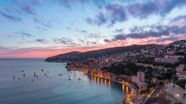 Aerial view of Villefranche-sur-Mer and the bay of Villefranche on sunset, Alpes-Maritimes, France
