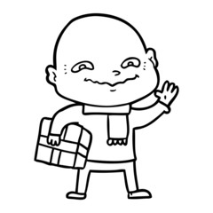 cartoon nervous man with xmas present