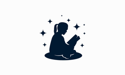 Girl sitting reading silhouette Iconic logo, Girl Reading with Star symbol vector