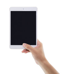 male hands holding a tablet touch computer gadget with isolated screen