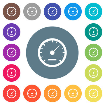Speedometer flat white icons on round color backgrounds