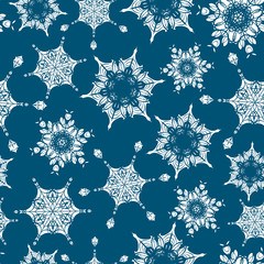 Vector holiday navy blue hand drawn christmass snowflakes repeat seamless pattern background. Can be used for fabric, wallpaper, stationery, packaging.