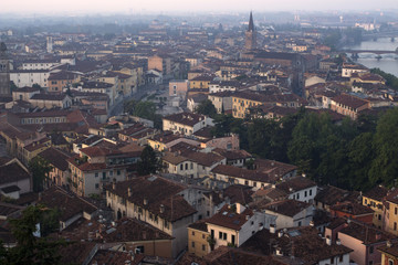 Verona's cityscape early in the morning. Roofs and buildings of the old Italian city.
