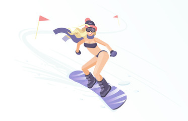 Beautiful girl in swimsuit riding snowboard - vector illustration in flat style. Skiing and Snowboarding concept.