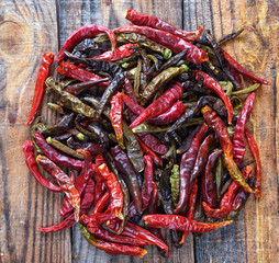 Dried chili peppers on a wooden board