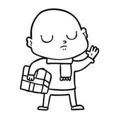 cartoon bald man with xmas gift