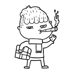 cartoon man smoking carrying christmas gift