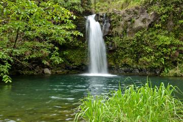 Fototapeta na wymiar Tropical Waterfall - Lower Puaa Kaa Waterfall and a small crystal clear pond, inside of a dense tropical rain-forest, off the Road to Hana Highway, Maui, Hawaii, USA.