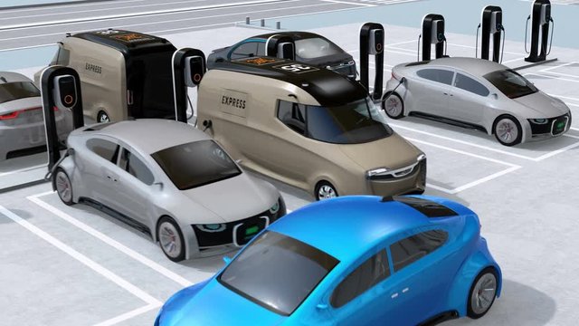 Blue car driving through parking lot which equip with electric vehicle charging system. 3D rendering animation.
